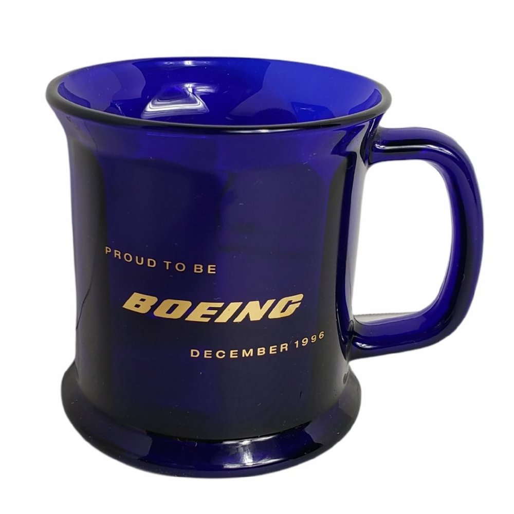 Vintage 1996 Boeing Company Glass Mug Blue USA Airplane Aviation Commemorative
